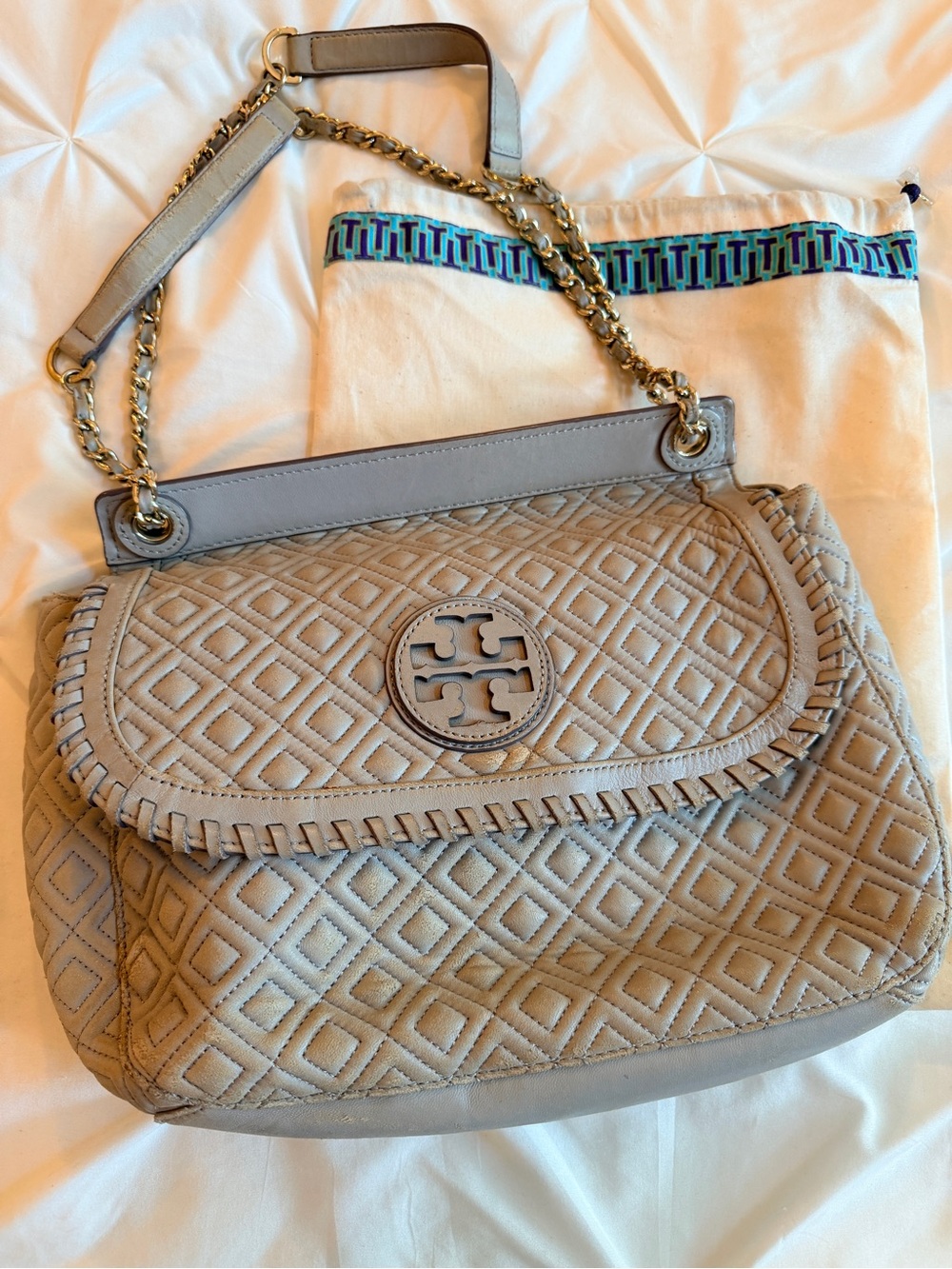 Tory Burch Quilted Whipstitch Flap Shoulder Bag in Light Taupe